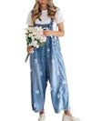 Floral Print Cotton Denim Overalls