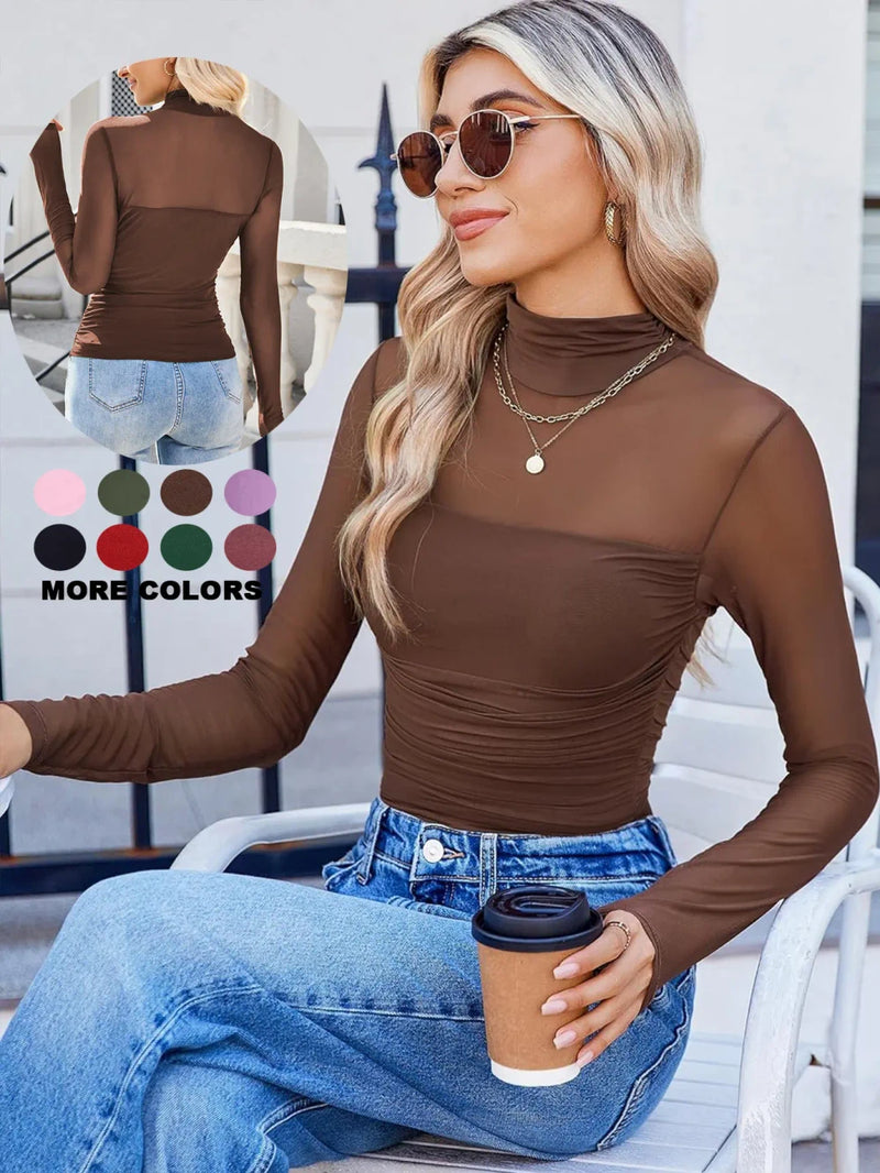Mesh High Neck Ruched Top