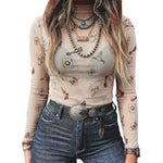 Rose Print Mesh Top