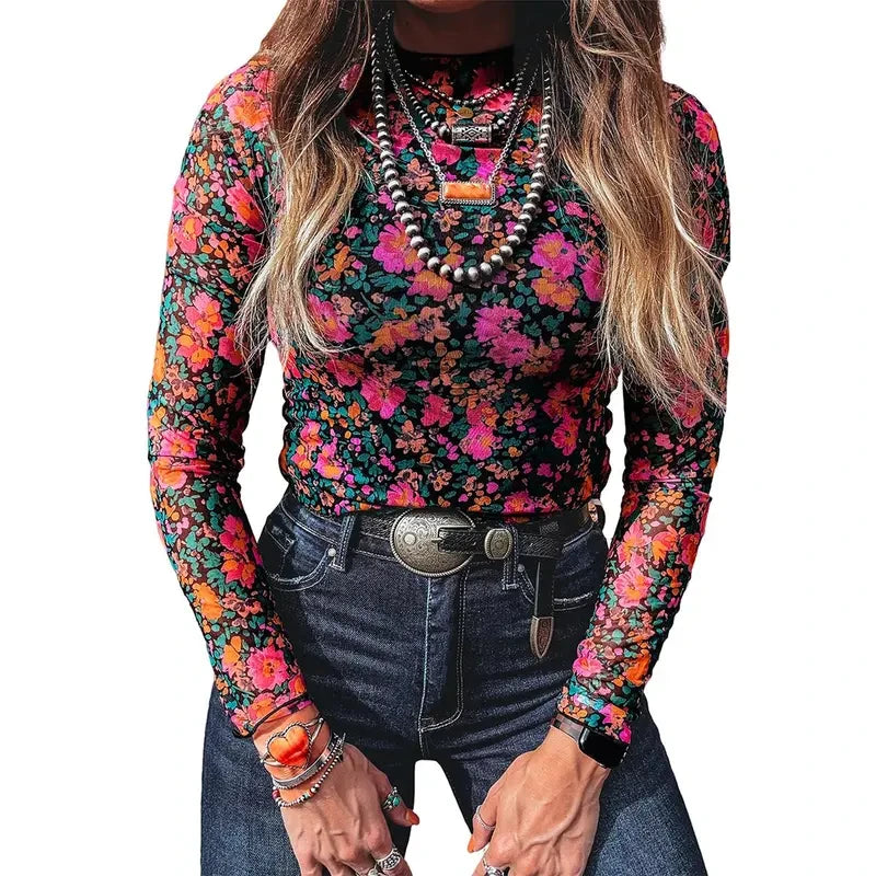 Rose Print Mesh Top