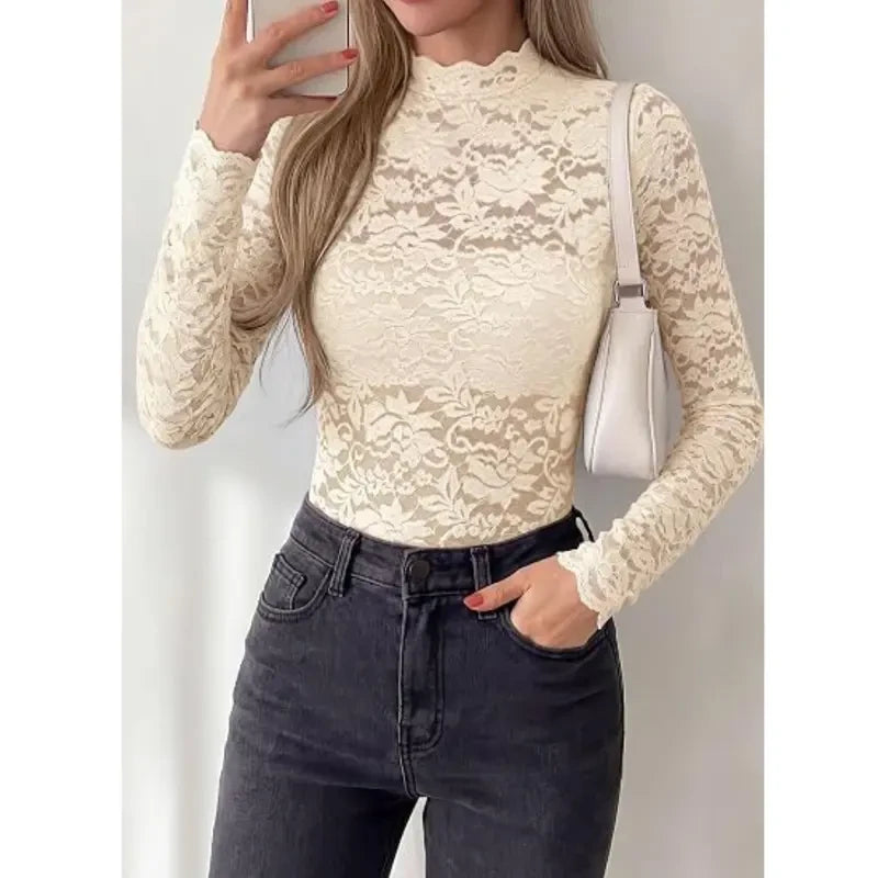 Lace Long Sleeve Mock Neck Top