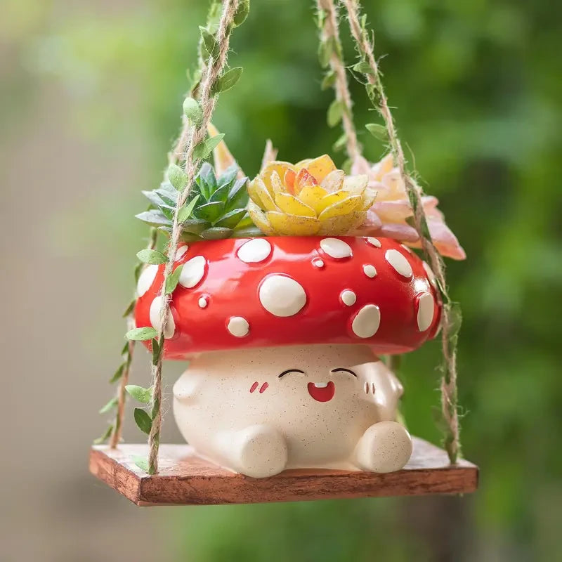 Mushroom Smiley Face Hanging Planter