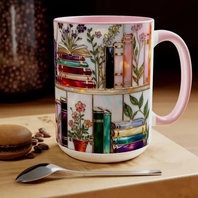 Stained Glass Floral Bookshelf Mug