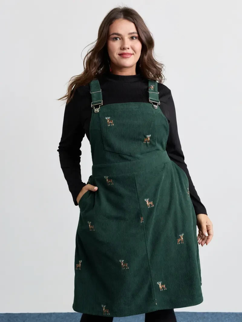 Corduroy Embroidered Knee Dress