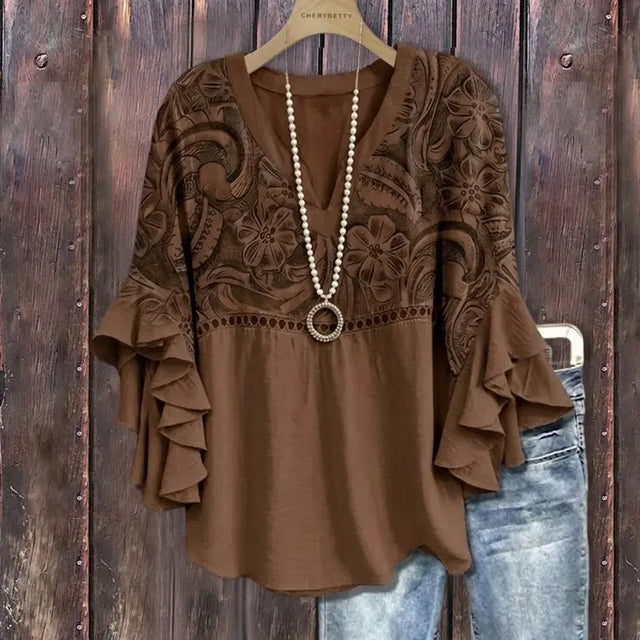 Vintage Floral Ruffle Sleeve Blouse