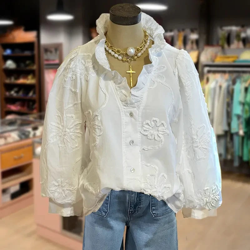Embroidered Floral Puff Sleeve Blouse